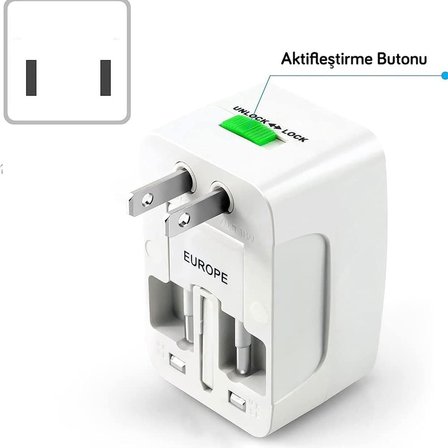 Coverzone Akım Korumalı ENT- Universal Fiş Çoklu Priz CV640 Priz Çevirici Dönüştürücü 2 Port USB Kompakt Tasarım Amerikan Fişi, İngiliz, Türkiye 125V - 250V 13A
