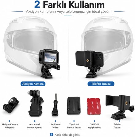 Coverzone Motosiklet Kaskı ENT Telefon Tutucu ve Aksiyon Kamera Aparatı, Vidalı Tutucu, 360 Derece Ayarlanabilir Mafsal, 3M VHB Montajlı Set,Insta 360 DJI GoPro ile uyumlu, KSK1