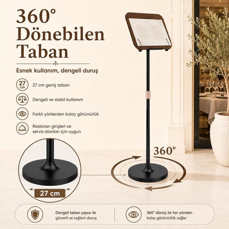 Cafe Restoran Bar Otel Menü ve Fiyat Listeleme Panosu ENT GS02 360° Döner Tabanlı Ahşap Sunum Panosu, QR Kod Fiyat Listesi Kampanya ve Resepsiyon Bilgilendirme İçin Uygun