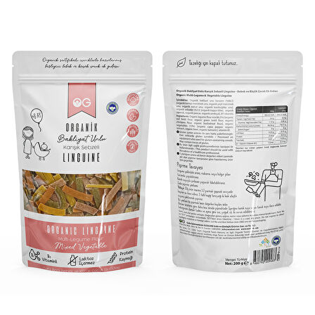 Organik Karışık Sebzeli Bakliyat Unlu Şerit Makarna Linguine 200 Gr +8 Ay