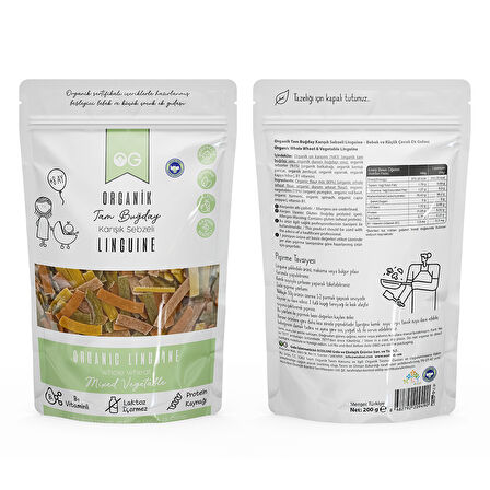 Organik Karışık Sebzeli Tam Buğday Şerit Makarna Linguine 200 Gr +8 Ay