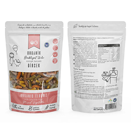 Organik Karışık Sebzeli Bakliyat Unlu Dirsek Makarna 200 Gr +8 Ay