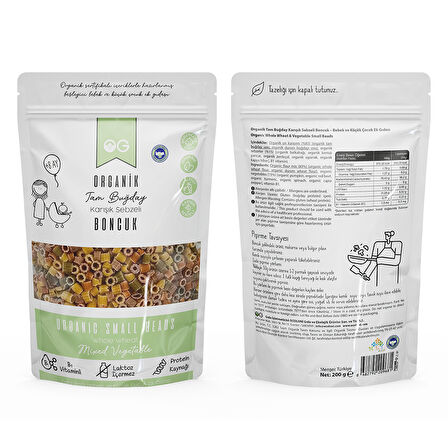 Organik Karışık Sebzeli Tam Buğday Boncuk Makarna 200 Gr +8 Ay