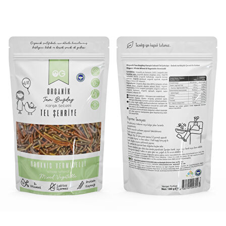Organik Karışık Sebzeli Tam Buğday Tel Şehriye 180 Gr +8 Ay