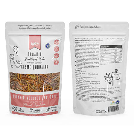 Organik Karışık Sebzeli Bakliyat Unlu Kesme Çorbalık 200Gr +8 Ay