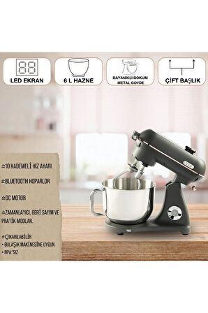 Easy Chef M122 Plus DC Motor Stand Mikser Çift Başlıklı Mat Gri Gold