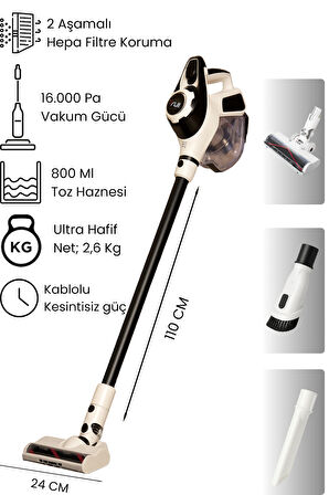 Ks16 2'si 1 Arada Ac Motor Toz Torbasız Hepa Filtreli Dikey Elektrikli Süpürge