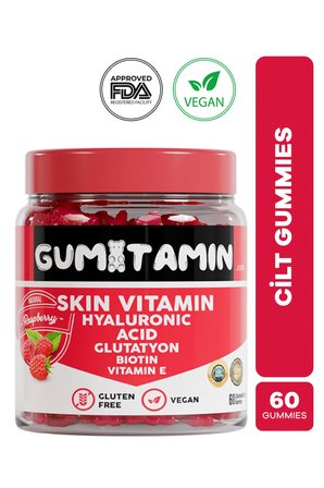 Cilt Vitamini Vegan Gummy, Hyaluronik Asit, Glutatyon, Biotin, Vitamin E, Dogal Ahududu Aromalı