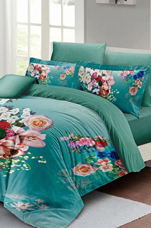 Çiçekli Turkuaz Çift Kişilik Nevresim Takımı 3d Pamuk Saten
