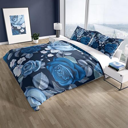 Cattleya Blue Flower 3D Temalı Pamuk Saten Çift Kişilik Nevresim Takımı