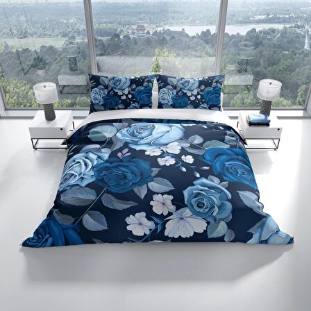 Cattleya Blue Flower 3D Temalı Pamuk Saten Çift Kişilik Nevresim Takımı