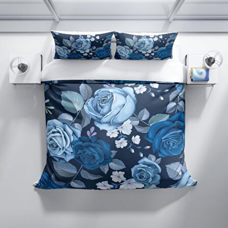 Cattleya Blue Flower 3D Temalı Pamuk Saten Çift Kişilik Nevresim Takımı