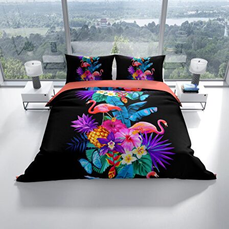 Cattleya Flamingo III 3D Temalı Pamuk Saten Çift Kişilik Nevresim Takımı