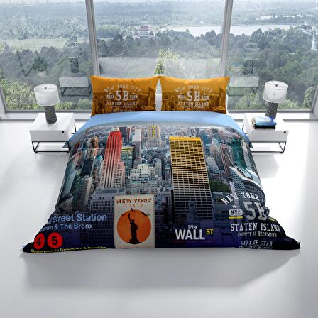 Cattleya New York 3D Temalı Pamuk Saten Çift Kişilik Nevresim Takımı