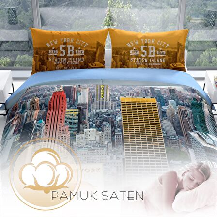 Cattleya New York 3D Temalı Pamuk Saten Çift Kişilik Nevresim Takımı