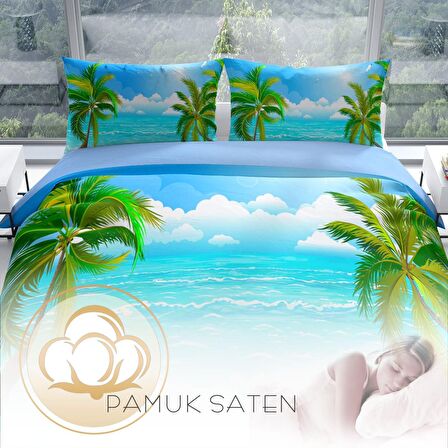 Cattleya Palm 3D Temalı Pamuk Saten Çift Kişilik Nevresim Takımı