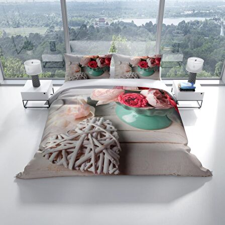 Cattleya Rose Love 3D Temalı Pamuk Saten Çift Kişilik Nevresim Takımı