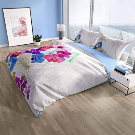 Cattleya Viola 3D Temalı Pamuk Saten Çift Kişilik Nevresim Takımı