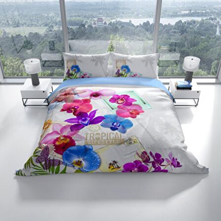 Cattleya Viola 3D Temalı Pamuk Saten Çift Kişilik Nevresim Takımı