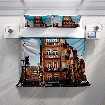 Cattleya Apartman 3D Temalı Pamuk Saten Çift Kişilik Nevresim Takımı