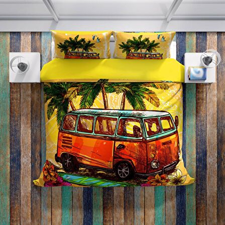 Cattleya Caravan 3D Temalı Pamuk Saten Çift Kişilik Nevresim Takımı