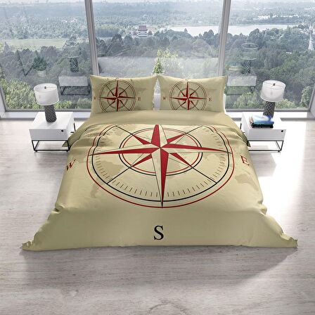 Cattleya Compass 3D Temalı Pamuk Saten Çift Kişilik Nevresim Takımı
