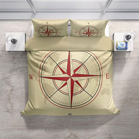 Cattleya Compass 3D Temalı Pamuk Saten Çift Kişilik Nevresim Takımı