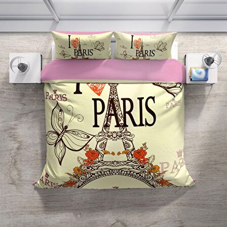 Cattleya Paris 3D Temalı Pamuk Saten Çift Kişilik Nevresim Takımı