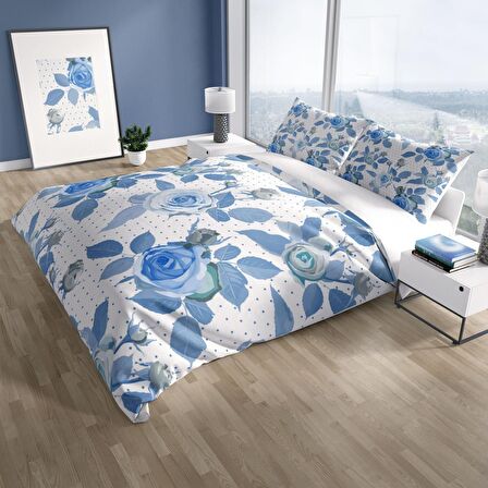 Monohome Perlasera Blue Rose 3D Temalı Pamuk Saten Çift Kişilik Nevresim Takımı