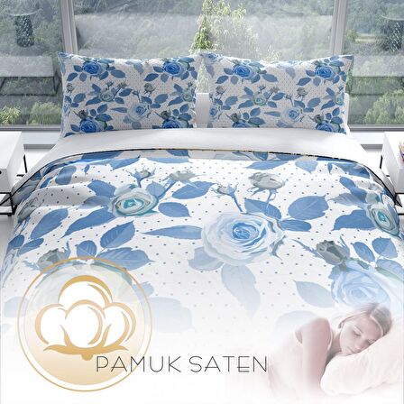 Monohome Perlasera Blue Rose 3D Temalı Pamuk Saten Çift Kişilik Nevresim Takımı