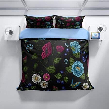 Monohome Perlasera Flower Black 3D Temalı Pamuk Saten Çift Kişilik Nevresim Takımı