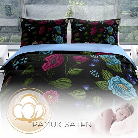 Monohome Perlasera Flower Black 3D Temalı Pamuk Saten Çift Kişilik Nevresim Takımı