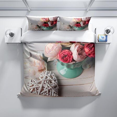 Monohome Perlasera Rose Love 3D Temalı Pamuk Saten Çift Kişilik Nevresim Takımı