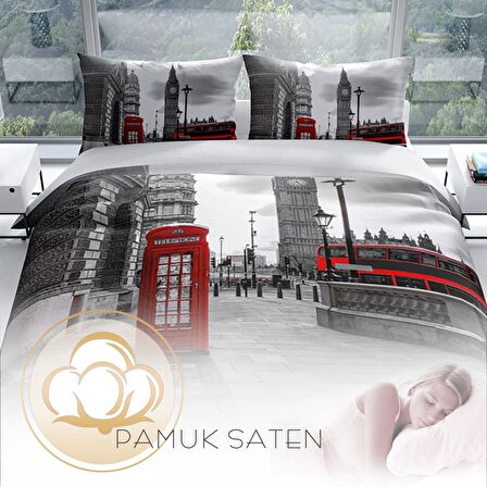Monohome Perlasera London 3D Temalı Pamuk Saten Çift Kişilik Nevresim Takımı
