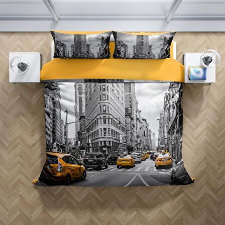 Monohome Perlasera Taxi 3D Temalı Pamuk Saten Çift Kişilik Nevresim Takımı