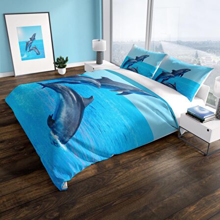 Cattleya Dolphin3 3D Temalı Pamuk Saten Çift Kişilik Nevresim Takımı