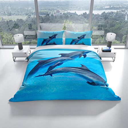 Cattleya Dolphin3 3D Temalı Pamuk Saten Çift Kişilik Nevresim Takımı