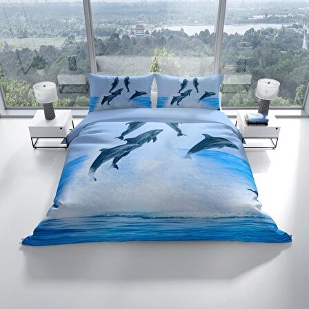 Cattleya Dolphin2 3D Temalı Pamuk Saten Çift Kişilik Nevresim Takımı