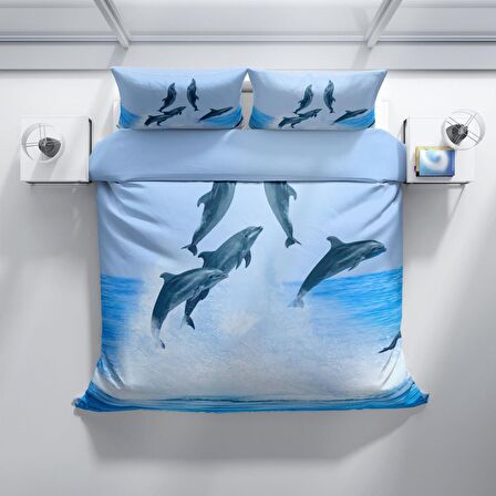 Cattleya Dolphin2 3D Temalı Pamuk Saten Çift Kişilik Nevresim Takımı
