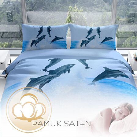 Cattleya Dolphin2 3D Temalı Pamuk Saten Çift Kişilik Nevresim Takımı