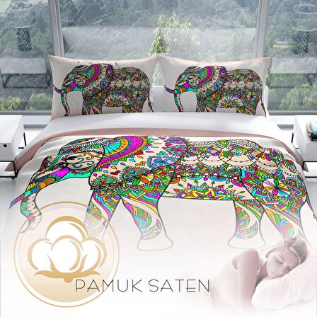 Cattleya Elephant 3D Temalı Pamuk Saten Çift Kişilik Nevresim Takımı