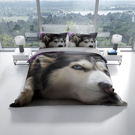 Cattleya Husky 3D Temalı Pamuk Saten Çift Kişilik Nevresim Takımı