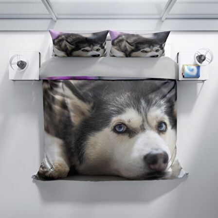 Cattleya Husky 3D Temalı Pamuk Saten Çift Kişilik Nevresim Takımı