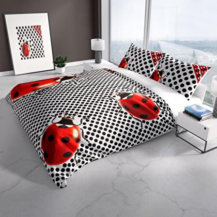 Cattleya Lady Bug 3D Temalı Pamuk Saten Çift Kişilik Nevresim Takımı