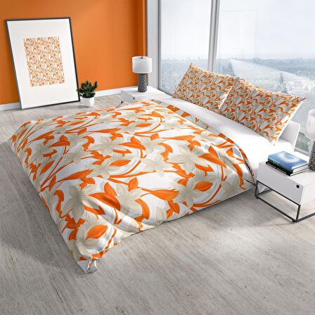 Cattleya Orange 3D Temalı Pamuk Saten Çift Kişilik Nevresim Takımı