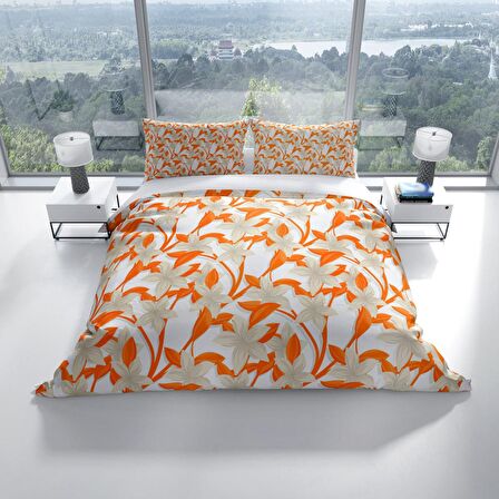 Cattleya Orange 3D Temalı Pamuk Saten Çift Kişilik Nevresim Takımı