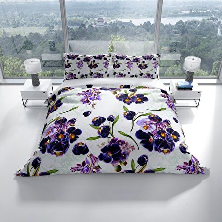 Cattleya Purple 3D Temalı Pamuk Saten Çift Kişilik Nevresim Takımı