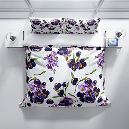Cattleya Purple 3D Temalı Pamuk Saten Çift Kişilik Nevresim Takımı