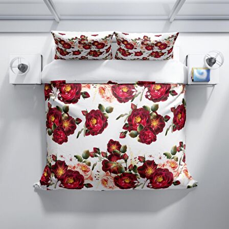 Cattleya Red Leaf 3D Temalı Pamuk Saten Çift Kişilik Nevresim Takımı