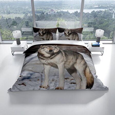 Cattleya Snowwolf 3D Temalı Pamuk Saten Çift Kişilik Nevresim Takımı